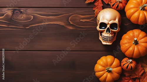 A haunting display of autumn's bounty, as a carved calabaza sits alongside a skull on a rustic wooden surface, beckoning us to embrace the wild and mysterious energy of halloween photo