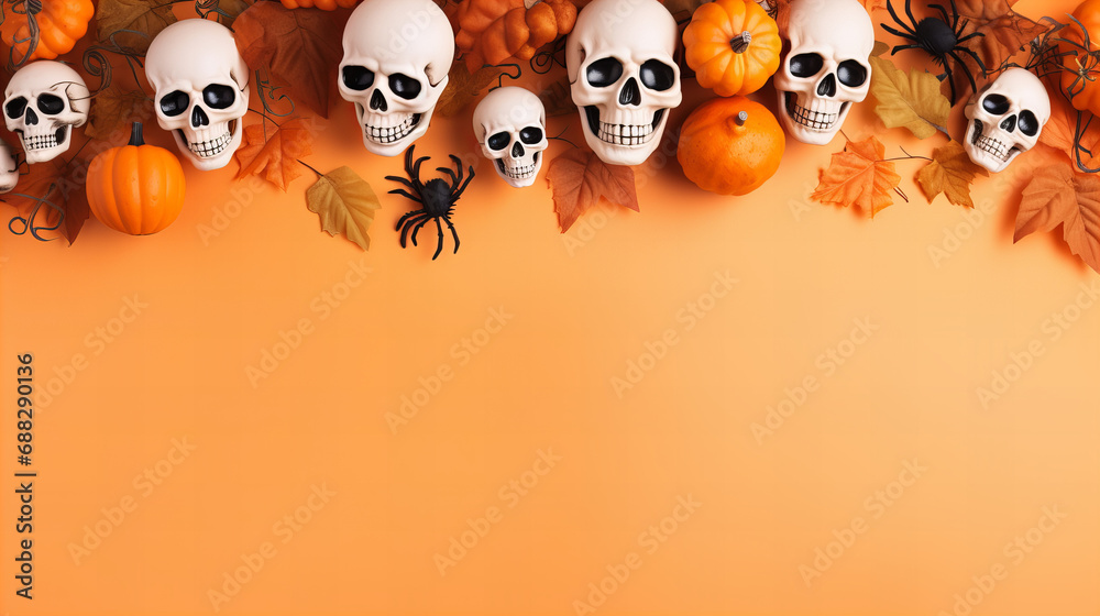 Amidst the orange glow of halloween night, a whimsical gathering of cartoon skulls and pumpkins dance under the moon, evoking both eerie delight and childlike wonder Amidst the orange glow of halloween night, a whimsical gathering of cartoon skulls and pumpkins dance under the moon, evoking both eerie delight and childlike wonder