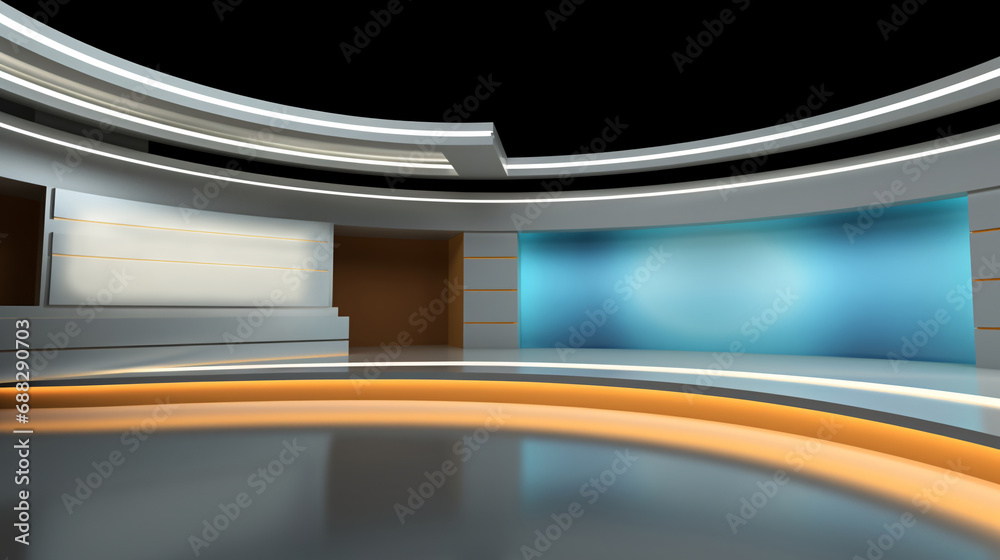 Tv Studio. Blue and yellow studio. Backdrop for TV shows .TV on wall. News studio. The perfect backdrop for any green screen or chroma key video or photo production. 3D rendering. Tv Studio. Blue and yellow studio. Backdrop for TV shows .TV on wall. News studio. The perfect backdrop for any green screen or chroma key video or photo production. 3D rendering.
