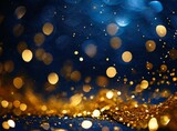 Abstract background with Dark blue and gold particle. New year, Christmas background with gold stars and sparkling. Christmas Golden light shine particles bokeh on navy background. Gold foil texture