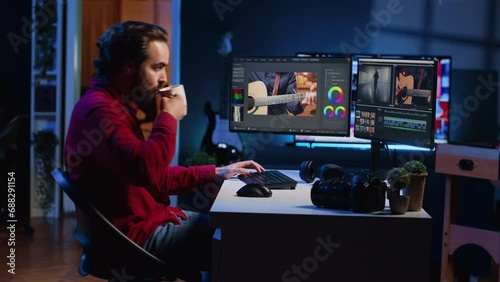 Video editor starting work on film montage, using specialized software applications on PC. Freelancer arriving in personal studio with cup of coffee, preparing to cut project footage