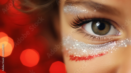 close up of beautiful eyes of a girl looking at the camera in a Christmas atmosphere