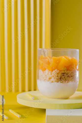 Glass with chopped fruit, cake and Greek yogurt with happy birthday decoration.