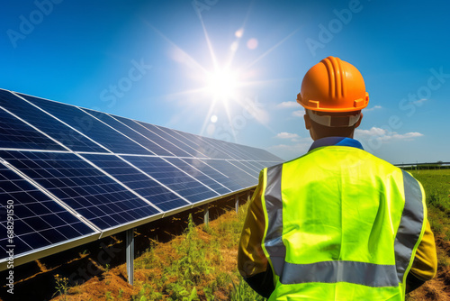 Electric power generation facility, solar power plant with workers doing maintenance and inspection. Fresh green meadows and clear blue skies and sun. Electricity and power generation concept.