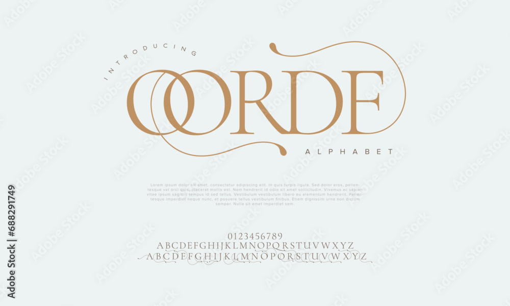 Qorde premium luxury elegant alphabet letters and numbers. Elegant wedding typography classic serif font decorative vintage retro. Creative vector illustration