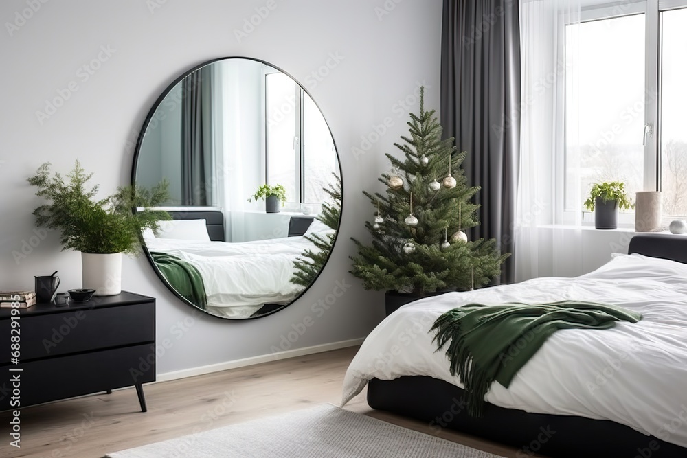 Cozy light room with big comfy bed decorated with garlands and fir trees for Christmas. New year mood. Bedroom interior design decorated for winter holiday season - obrazy, fototapety, plakaty 
