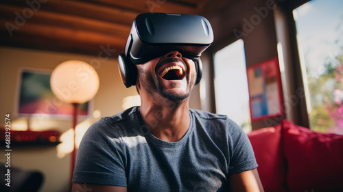 Happy man using and watching TV in the VR Virtual Reality headset in the house. © Virtual Art Studio