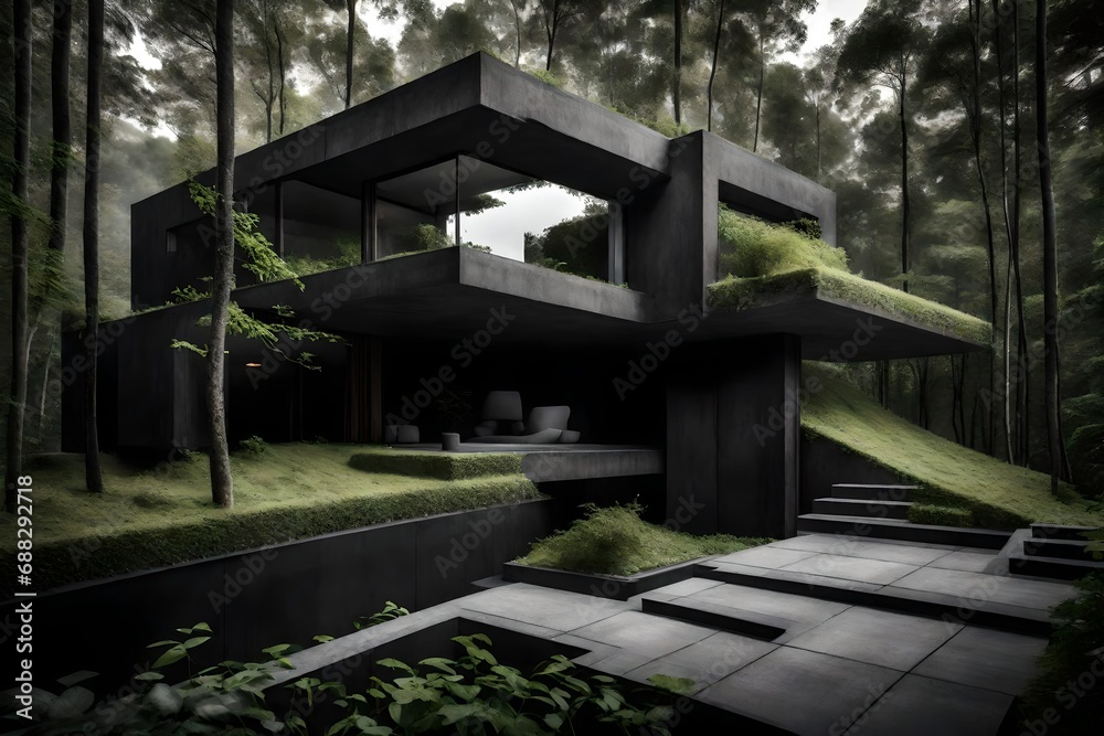 brutalist minimalist black concrete villa surrounded by forest with green plants on the rooftop with a cube style building 1 floor-