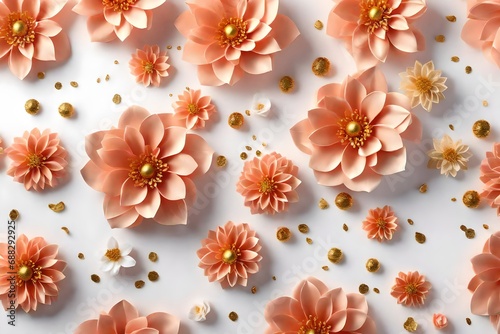 3d peach and gold flowers, realistic, white background photo