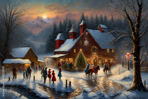 homas kinkade style painting of a 1939 christmas dance inside an old barn with wagons and horses outside photo