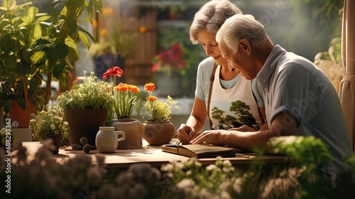 Caring for nature: the older couple in the garden, caring for plants and creating a corner of calm © JVLMediaUHD