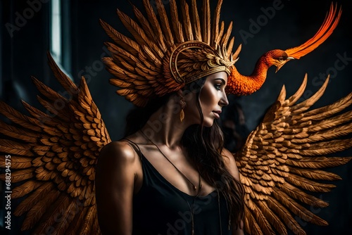 beautifull female wearing a phoenix head on her head  full body  crossing arms up Taken using a Canon EOS camera with a 50mm f 1.8 lens  f 2.2 aperture  shutter speed 1 200s  ISO 100 and natural light