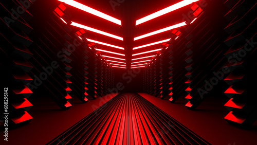 Sci Fi neon glowing lines in a dark tunnel. Reflections on the floor and ceiling. 3d rendering image. Abstract glowing lines. Technology futuristic background.