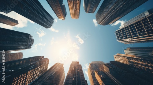 City full of skyscrapers, shot from below in a circle, AI generated Image