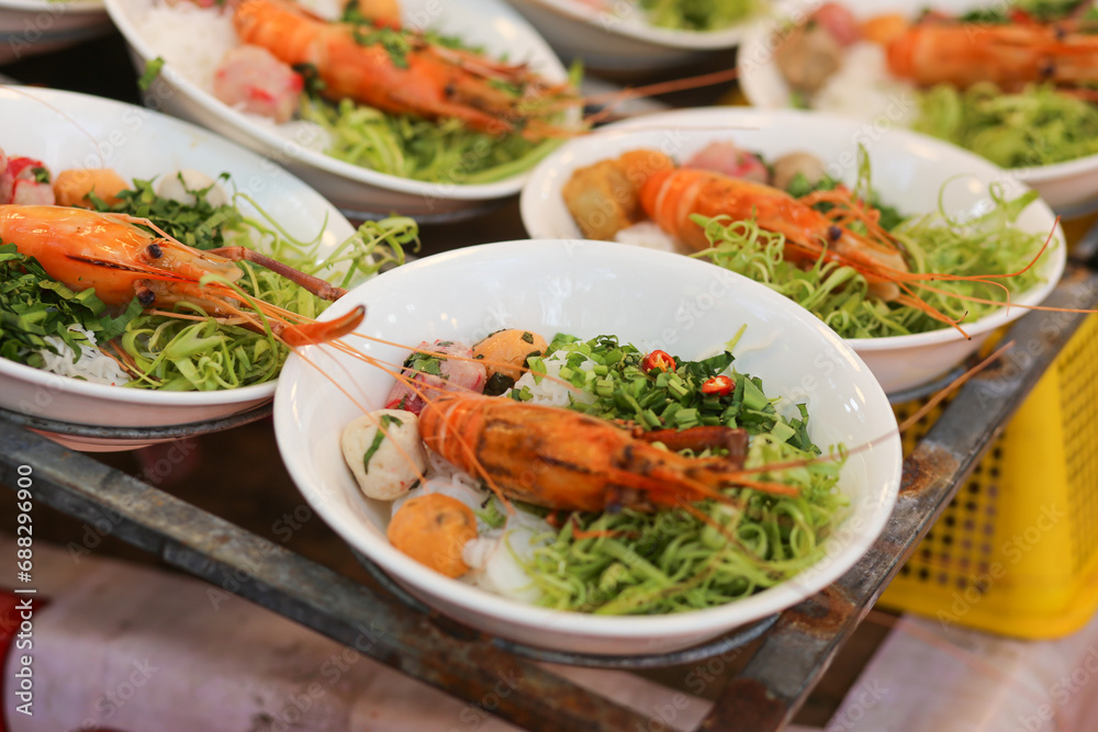 Crab noodles soup - vietnamese traditional food are displayed ready to eat in the market, Vietnam Crab noodles soup - vietnamese traditional food are displayed ready to eat in the market, Vietnam