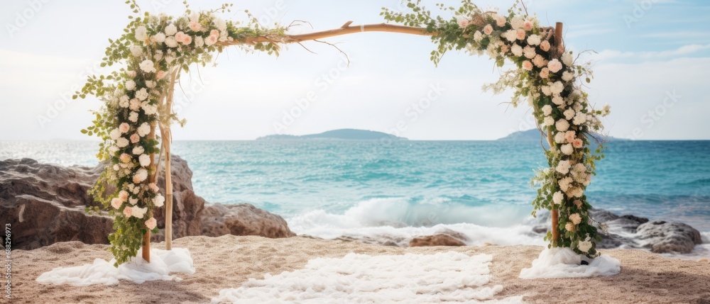 Fototapeta premium Beach wedding with a beautiful altar and flowers. Sea on background