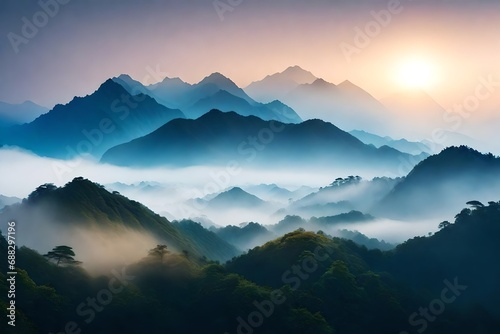 Background design, Hyperrealistic high fogy and cloudy ancestral luminus asian mountain range cute colo