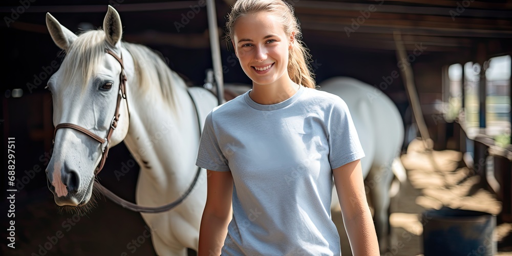 a smiling girl is standing with her horse, generative AI
