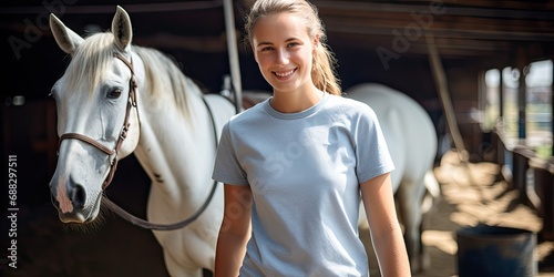 a smiling girl is standing with her horse, generative AI © VALUEINVESTOR