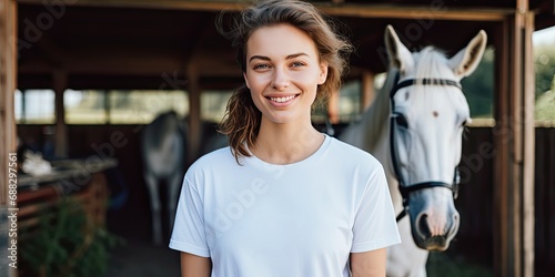 a smiling girl is standing with her horse, generative AI