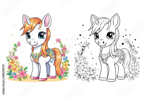 cute Horse coloring page for kids vector illustration