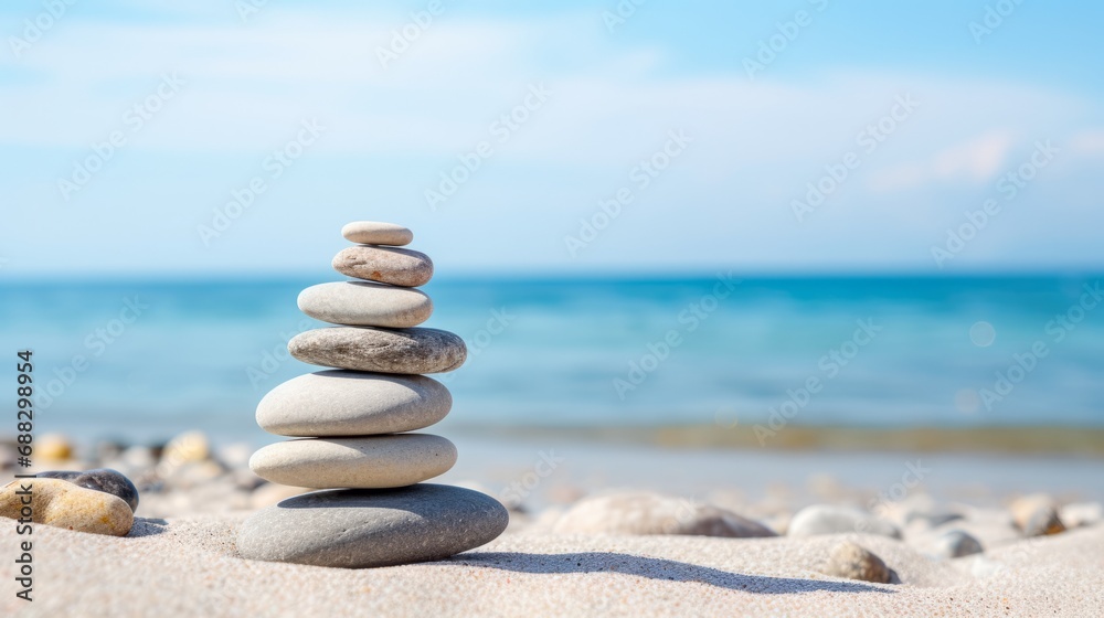 Fototapeta premium Stones Balance. Natural stones on the beach with copy space