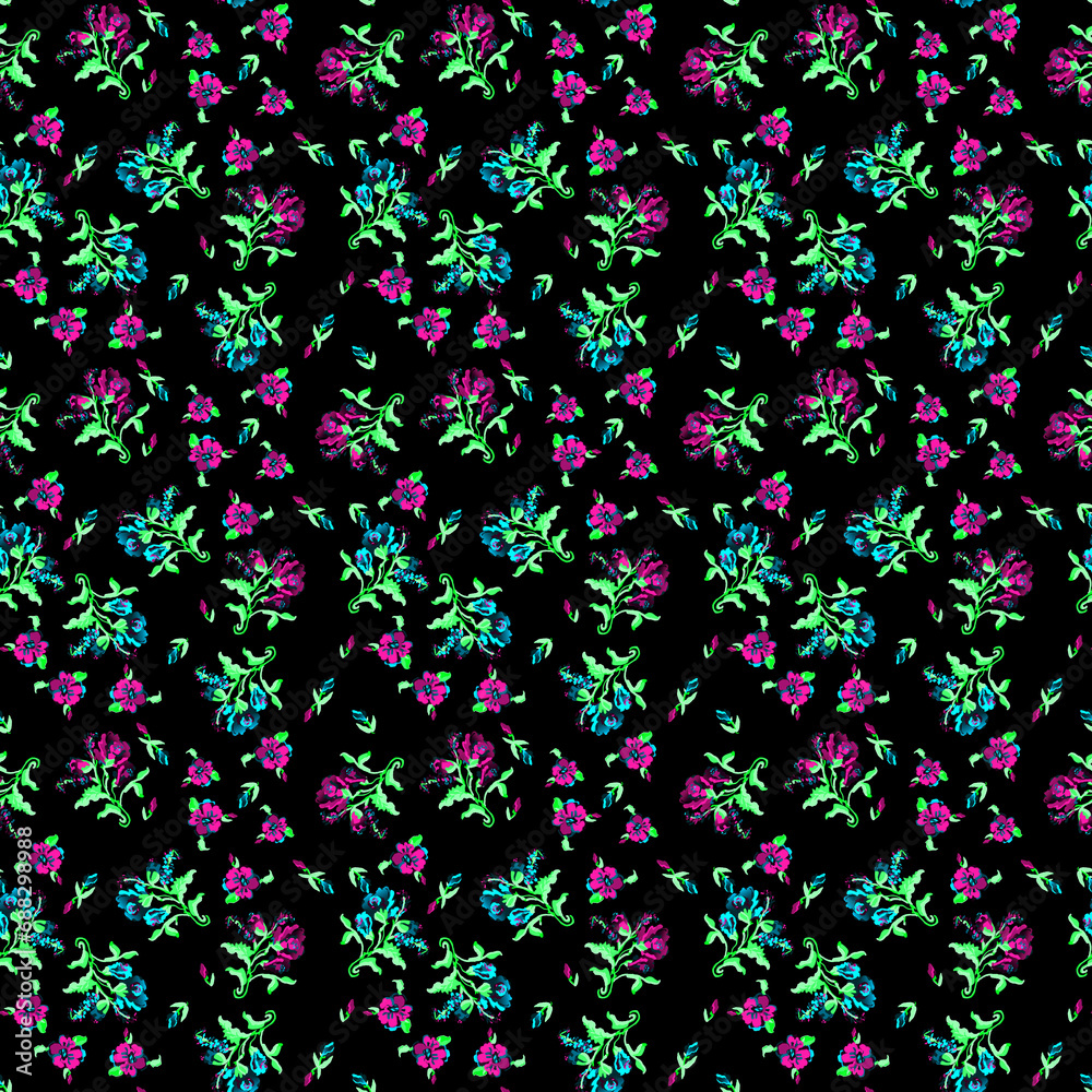 Pink and Blue Small Neon Floral on Black