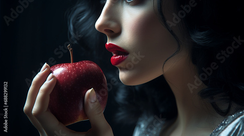 Closeup portrait of beautiful young woman with red lips holding apple.