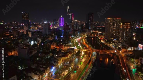 Wallpaper Mural Take-off Drone shot, Aerial view of traffic in Ho Chi Minh City, Vietnam at night. Torontodigital.ca
