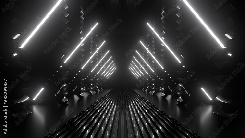 Obraz premium Sci Fi neon glowing lines in a dark tunnel. Reflections on the floor and ceiling. 3d rendering image. Abstract glowing lines. Technology futuristic background.