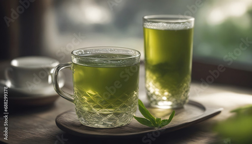 Cups of green tea on tray. Generative AI.
