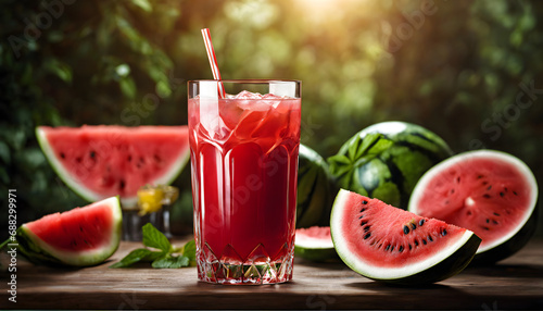 Natural watermelon juice in a glass ready to drink. Generative AI.