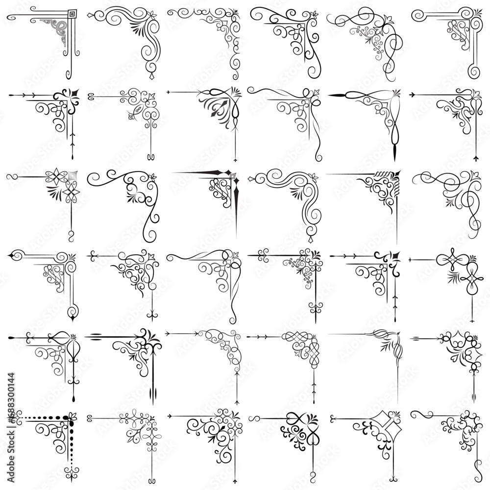 Vector illustration of decorative corner frame set. Hand Draw of Corners Different Shapes Flower Decoration Vector Design Doodle Sketch Style for Wedding and Banner. 