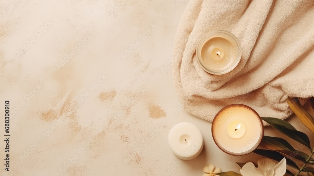 Beautiful spa treatment composition such as Towels, candles, essential oils, Massage Stones on light wooden background. blur living room, natural creams and moisturizing Healthy lifestyle, body care Beautiful spa treatment composition such as Towels, candles, essential oils, Massage Stones on light wooden background. blur living room, natural creams and moisturizing Healthy lifestyle, body care