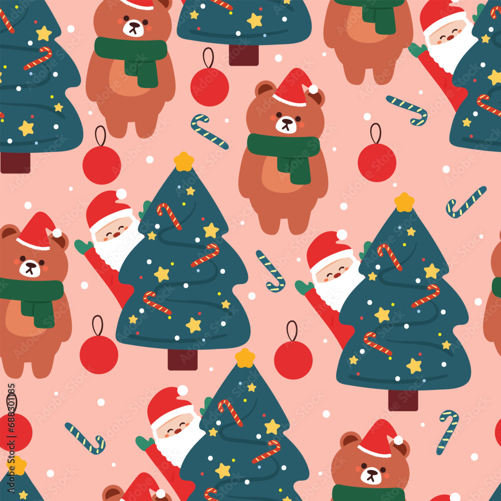 Fototapeta premium seamless pattern cartoon bear with Christmas tree and Christmas element. Cute Christmas wallpaper for card, gift wrap paper