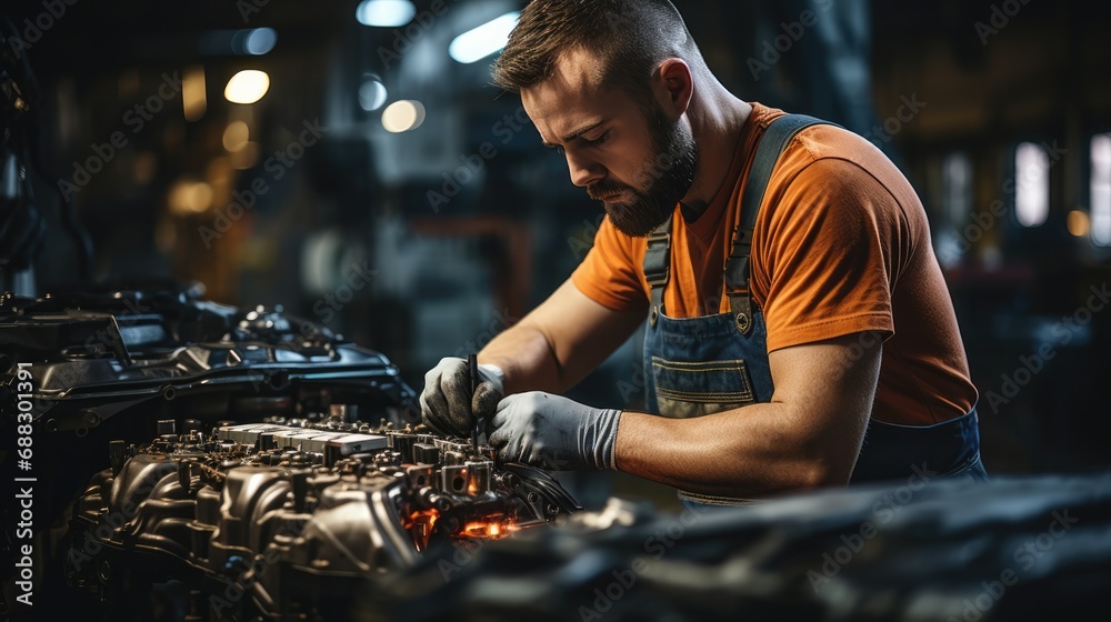 Technician male auto mechanic in blue overalls Technician male auto mechanic in blue overalls