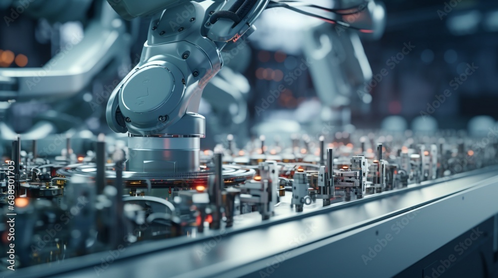 A close-up shot of a robot arm assembling intricate electronic components with precision and accuracy on a factory assembly line. - obrazy, fototapety, plakaty 