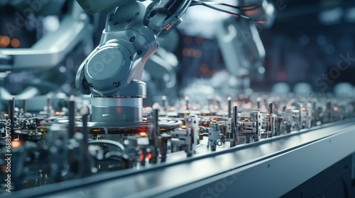 A close-up shot of a robot arm assembling intricate electronic components with precision and accuracy on a factory assembly line. photo