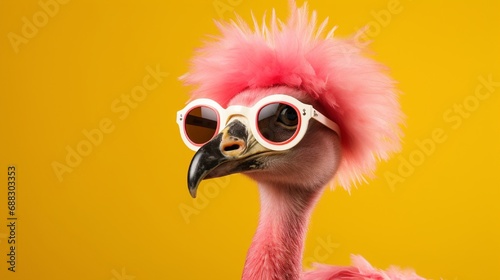 A fancy flamingo wearing a feather boa and oversized sunglasses, striking a pose on a solid yellow background.