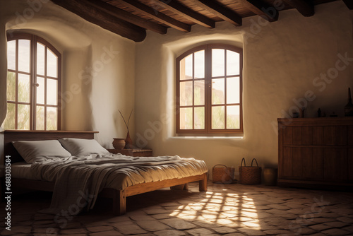 Traditional Catalonian masia elegant bedroom scene photo