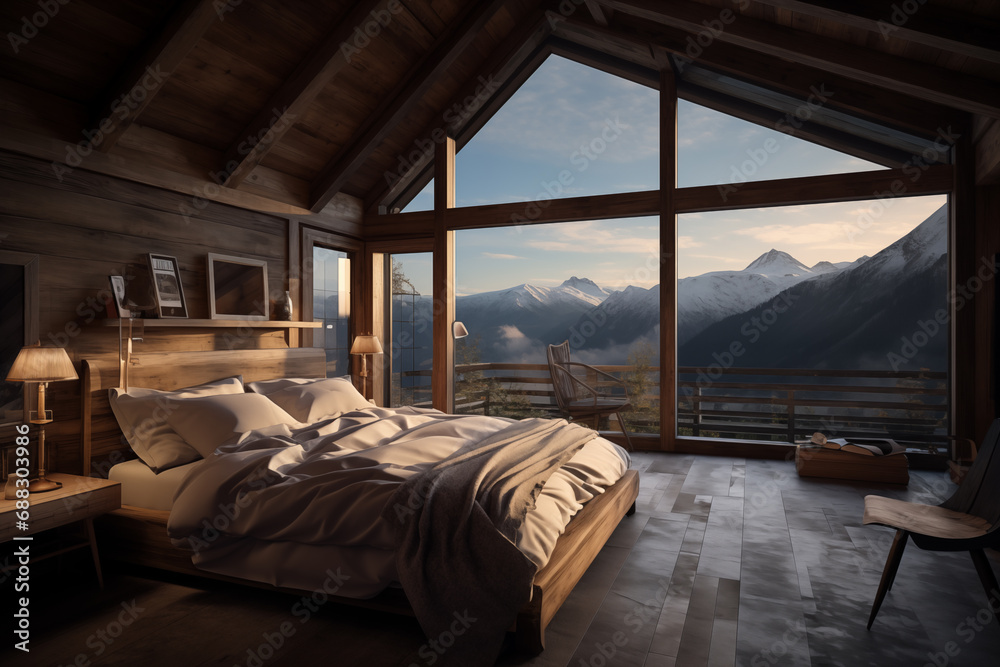 Traditional Swiss mountain cabin elegant bedroom scene - obrazy, fototapety, plakaty 