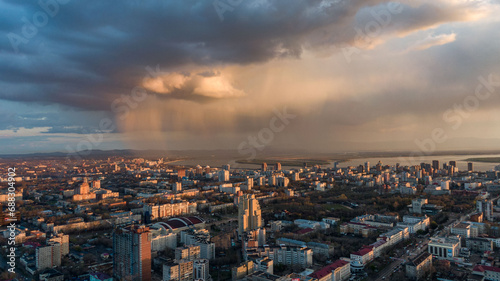 Khabarovsk city top view sunset beautiful clouds in the rain