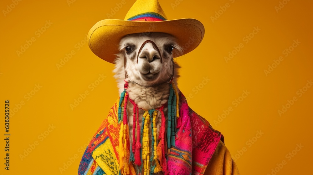 A jolly llama wearing a colorful poncho and a sombrero, standing tall on a solid yellow backdrop.