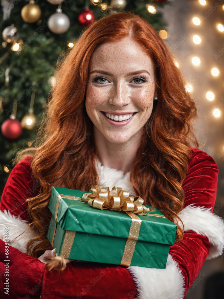 a beautiful red haired Santa lady holding a present, freckles, big smile, long hair, dark makeup, Christmas background with Christmas tree, XMAS, laughing, happy, festive. Generative AI a beautiful red haired Santa lady holding a present, freckles, big smile, long hair, dark makeup, Christmas background with Christmas tree, XMAS, laughing, happy, festive. Generative AI