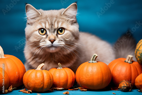 a cat sitting among a group of pumpkins