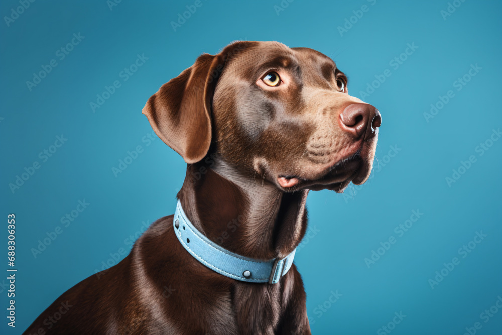 a brown dog with a blue collar looking up