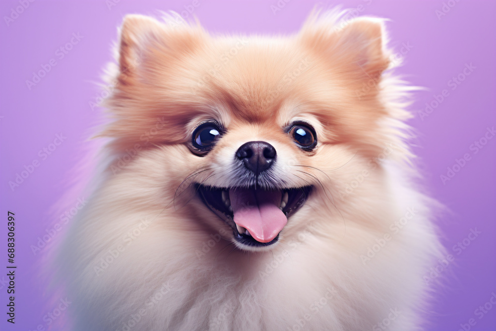 a small dog with a big smile on a purple background