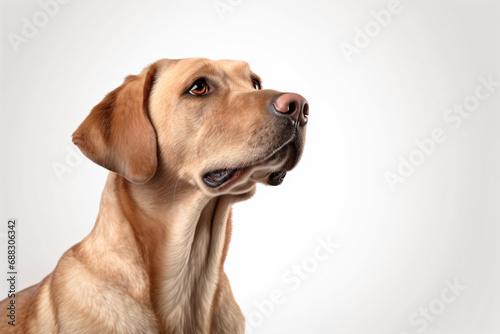 a dog is looking up at something