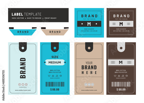 Hangtag label design hang tag and price tag apparel care label with barcode garments accessories packaging fabric fashion product.