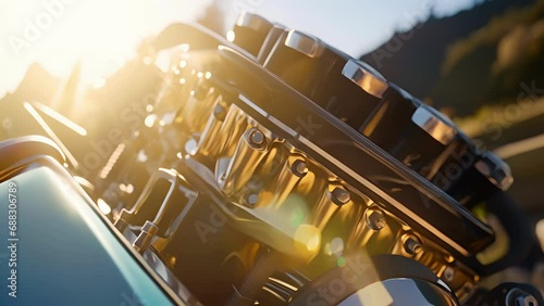 The exposed engine of a powerful blue dragster racing car glinting in the sun. Speed drive concept. .